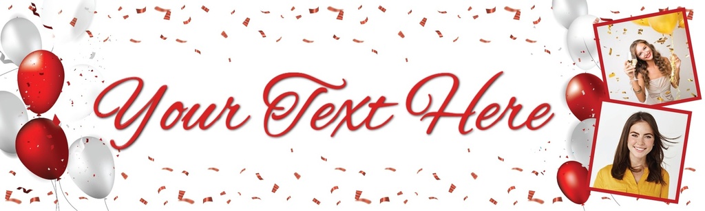 Personalised Happy Birthday Banner - Red & White Party Balloons - 2 Photo Upload