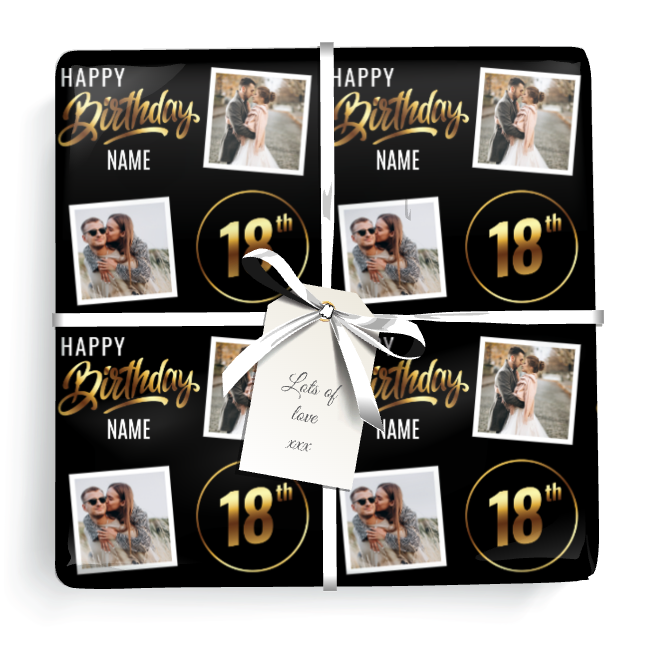 Personalised 18th Birthday Wrapping Paper - Black & Gold - Upload 2 Photos & Name