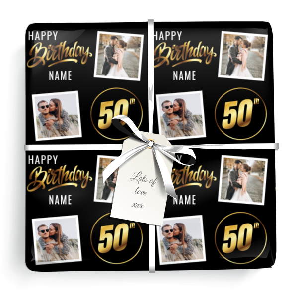 Personalised 50th Birthday Wrapping Paper - Black & Gold - Upload 2 Photos & Name