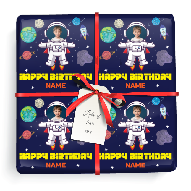 Personalised Birthday Wrapping Paper -  Space Astronaught Design - Upload 1 Photo & Name