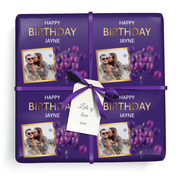 Personalised Birthday Wrapping Paper - Purple Balloons -  Add Text & 1 Photo