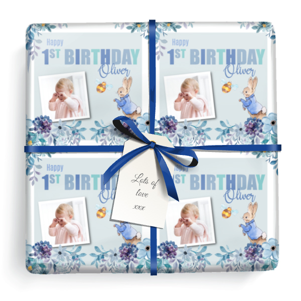 Personalised Party Wrapping Paper - 1st Birthday Blue Rabbit - Upload Photo & Name