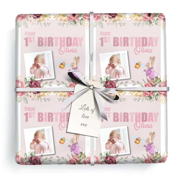 Personalised Party Wrapping Paper - 1st Birthday Pink Rabbit - Upload Photo & Name