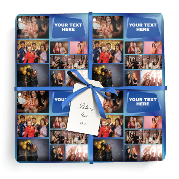 Personalised Party Wrapping Paper -  Blue Design- Upload 9 Photos & Add Text & Name
