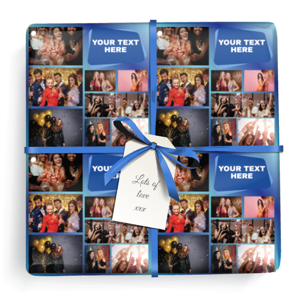 Personalised Party Wrapping Paper -  Blue Design- Upload 9 Photos & Add Text & Name