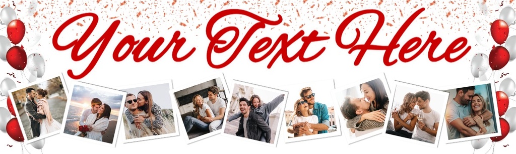 Personalised Happy Birthday Banner - Red & White Balloons - 9 Photo Upload