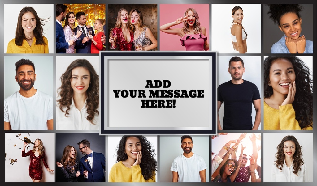 Personalised Birthday Backdrop Banner - Black & Silver Photo Collage - 16 Photo Upload