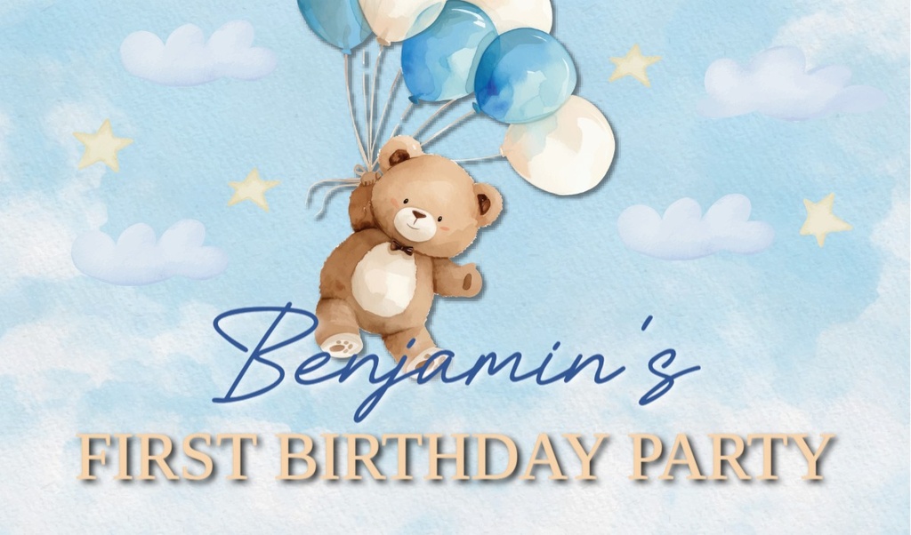 Personalised 1st Birthday Backdrop Banner - Bear & Blue Balloons - Add Text