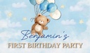 Personalised 1st Birthday Backdrop Banner - Bear & Blue Balloons - Add Text