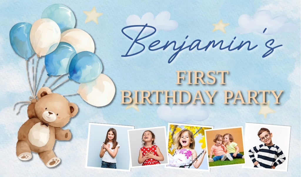 Personalised 1st Birthday Backdrop Banner - Bear & Blue Balloons - Custom Text & 4 Photos