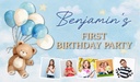 Personalised 1st Birthday Backdrop Banner - Bear & Blue Balloons - Custom Text & 4 Photos