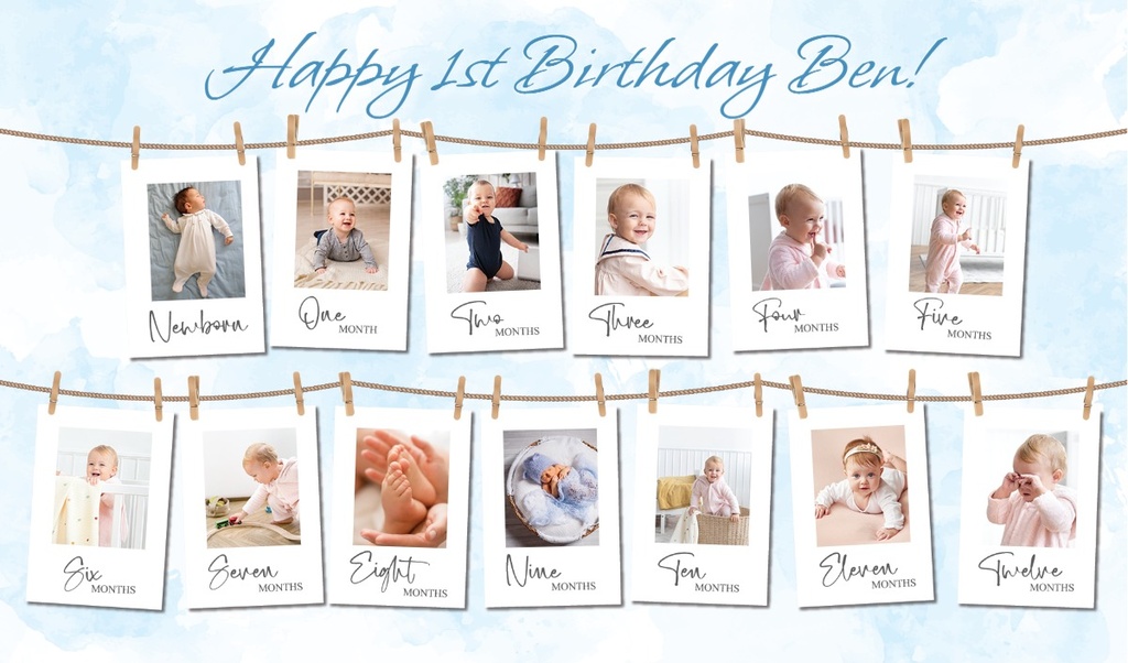 Personalised 1st Birthday Photo Banner - Blue - Custom Text
