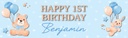 Personalised Happy 1st Birthday Banner - Blue Teddy Balloons - Custom Text