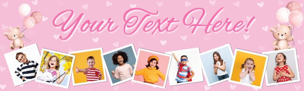 Personalised Happy 1st Birthday Banner - Pink Teddy Balloons - Custom Text & 9 Photos