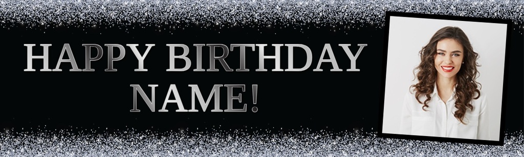 Personalised Party Banner - Black & Silver - Custom Text & 1 Photo