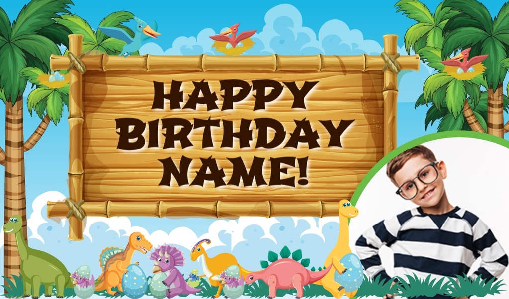 Personalised Birthday Backdrop Banner - Dinosaur - Add Text & 1 Photo