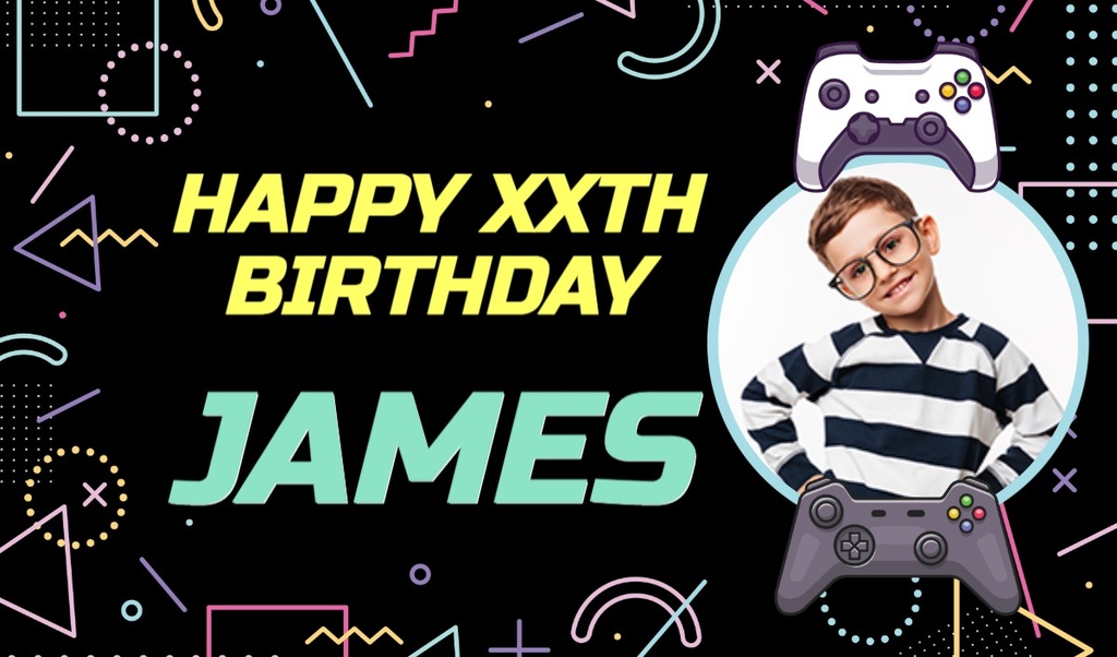 Personalised Birthday Backdrop Banner - Gaming - Add Text & 1 Photo