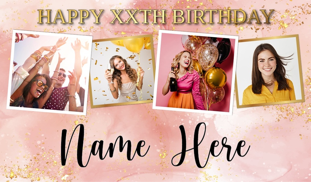 Personalised Party Backdrop Banner - Pink Marble Design - 4 Photos