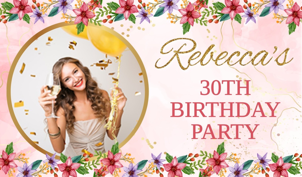Personalised Birthday Backdrop Banner - Pink Floral Design - 1 Photo Upload