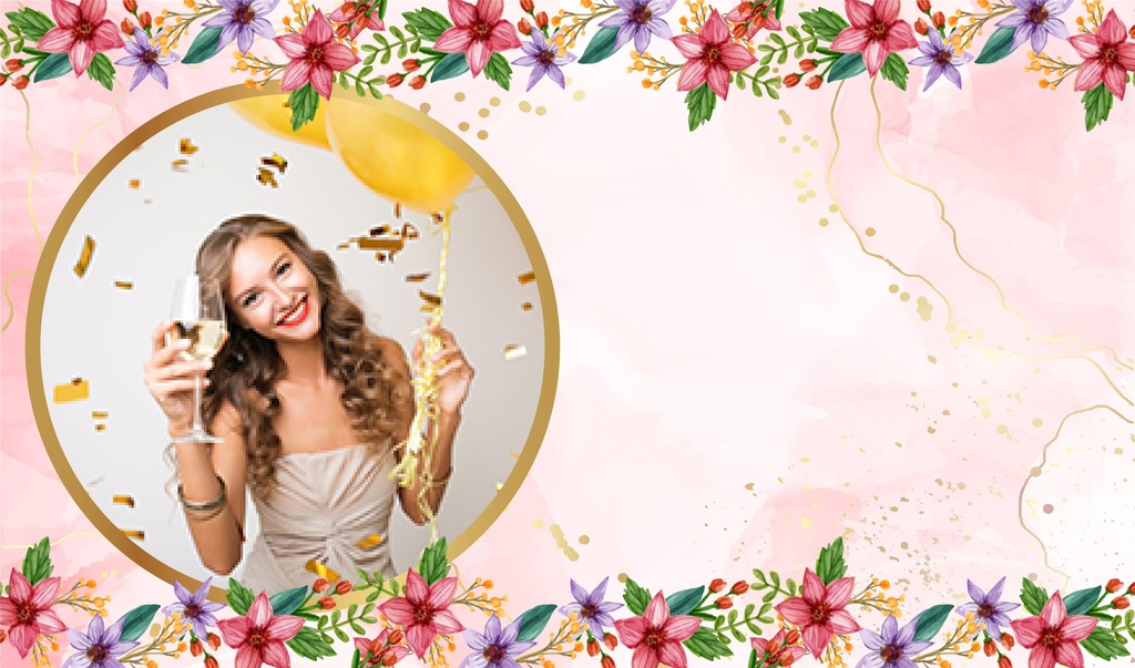 Personalised Birthday Backdrop Banner - Pink Floral Design - 1 Photo Upload