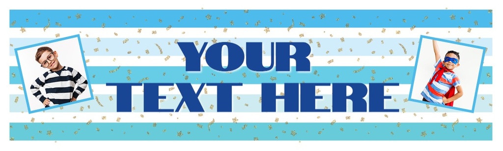 Personalised Party Banner - Blue Stripe - Custom Text & 2 Photo Upload