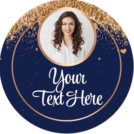 Personalised Party Stickers - Blue & Gold Balloons - Custom Text - 1 Photo Upload