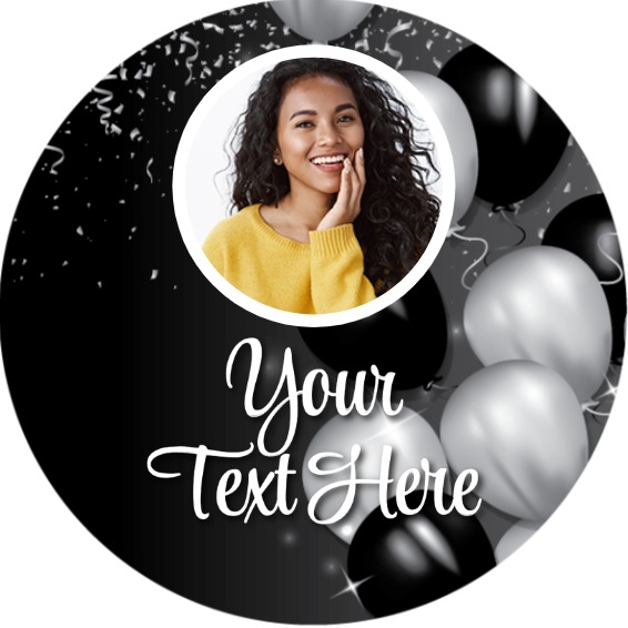 Personalised Party Stickers - Black & White Balloons - Custom Text - 1 Photo