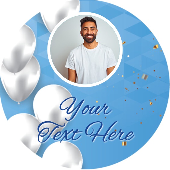 Personalised Party Stickers - Blue & White Balloons - Custom Text - 1 Photo