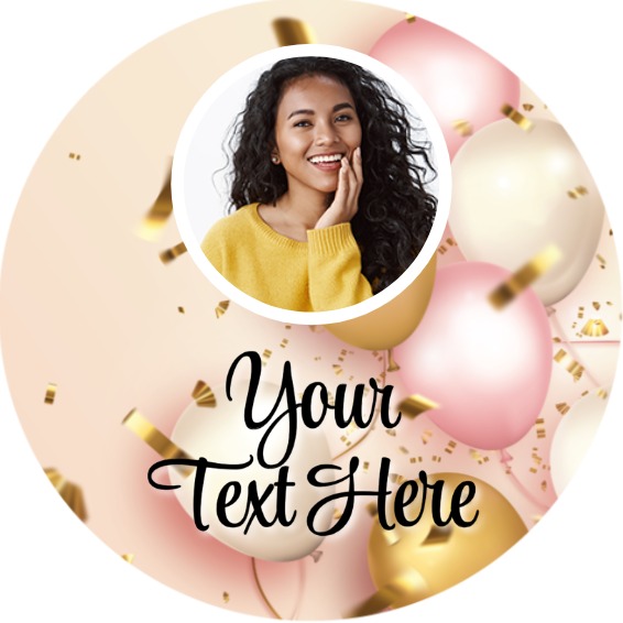 Personalised Party Stickers - Pink & Gold Balloons - Custom Text - 1 Photo