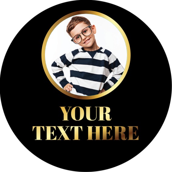 Personalised Party Stickers - Black & Gold Design - Custom Text - 1 Photo