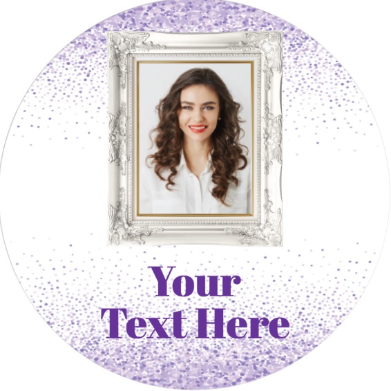 Personalised Party Stickers - Purple & Silver - Custom Text - 1 Photo Upload