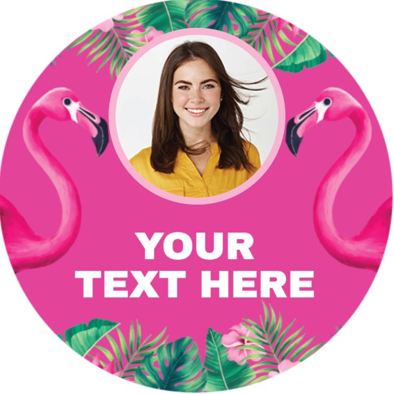 Personalised Party Stickers - Pink Flamingo - Custom Text - 1 Photo