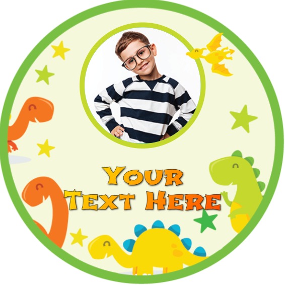 Personalised Kids Party Stickers - Green Dinosaur - Custom Text - 1 Photo