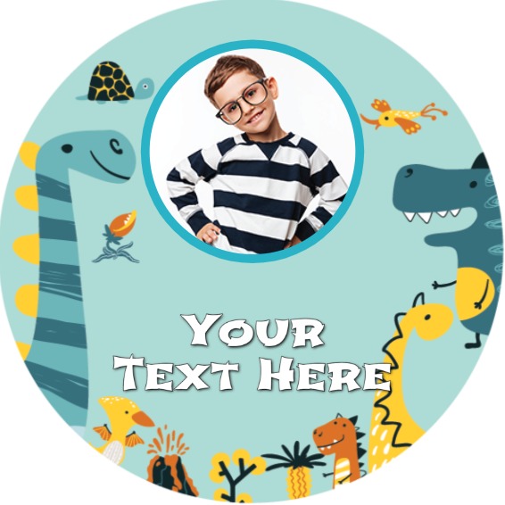 Personalised Kids Party Stickers - Blue Dinosaur - Custom Text - 1 Photo