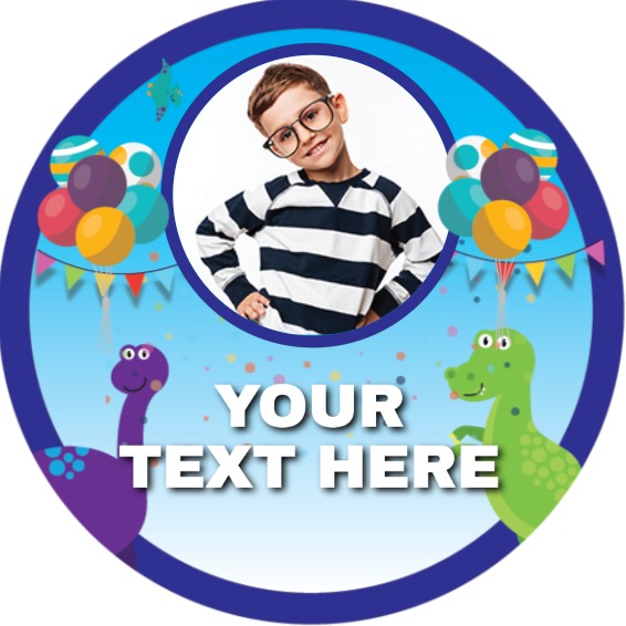 Personalised Kids Party Stickers - Purple Dinosaur - Custom Text - 1 Photo