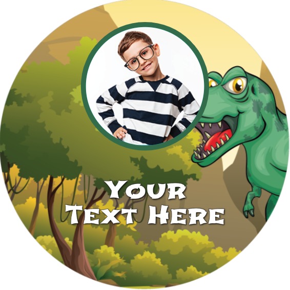 Personalised Kids Party Stickers - Green T-Rex Dinosaur - Custom Text - 1 Photo