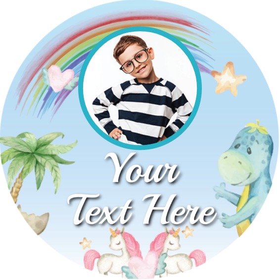 Personalised Kids Party Stickers - Unicorn & Dinosaur Friends - Custom Text - 1 Photo