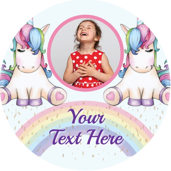 Personalised Kids Party Stickers - Unicorn Rainbow - Custom Text - 1 Photo