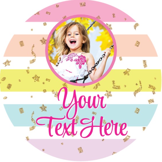 Personalised Kids Party Stickers - Rainbow - Custom Text - 1 Photo