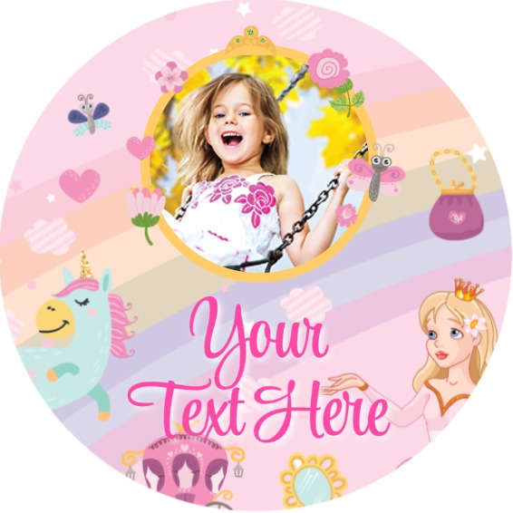 Personalised Kids Party Stickers - Unicorn & Princess - Custom Text - 1 Photo