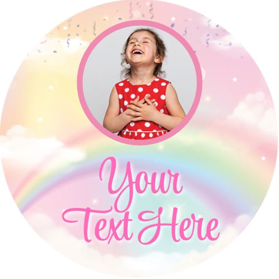 Personalised Kids Party Stickers - Rainbow Clouds - Custom Text - 1 Photo