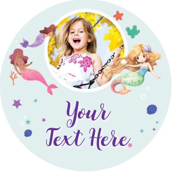 Personalised Kids Party Stickers - Mermaids - Custom Text - 1 Photo