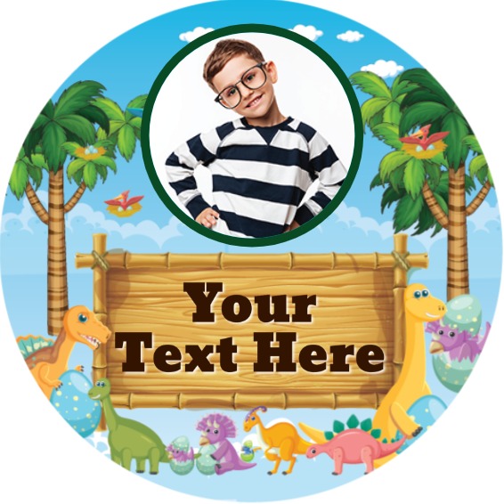 Personalised Kids Party Stickers - Dinosaurs - Custom Text - 1 Photo