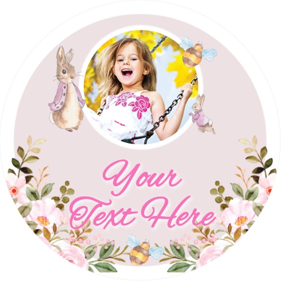 Personalised Kids Party Stickers - Pink Rabbit Peter - Custom Text - 1 Photo