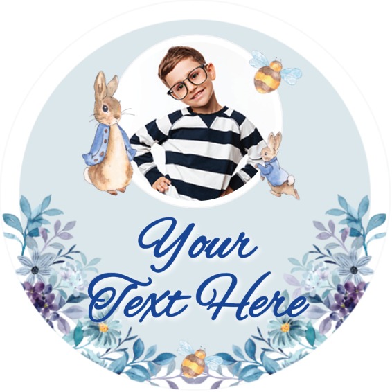 Personalised Kids Party Stickers - Blue Rabbit Peter - Custom Text - 1 Photo
