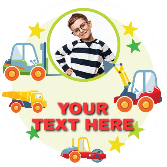 Personalised Kids Party Stickers - Diggers - Custom Text - 1 Photo