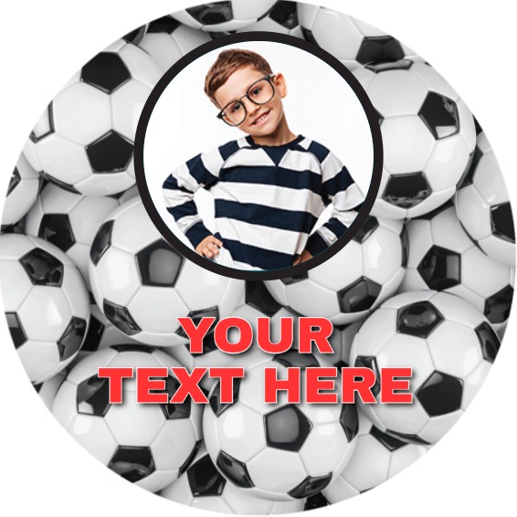 Personalised Party Stickers - Black & White Footballs - Custom Text - 1 Photo