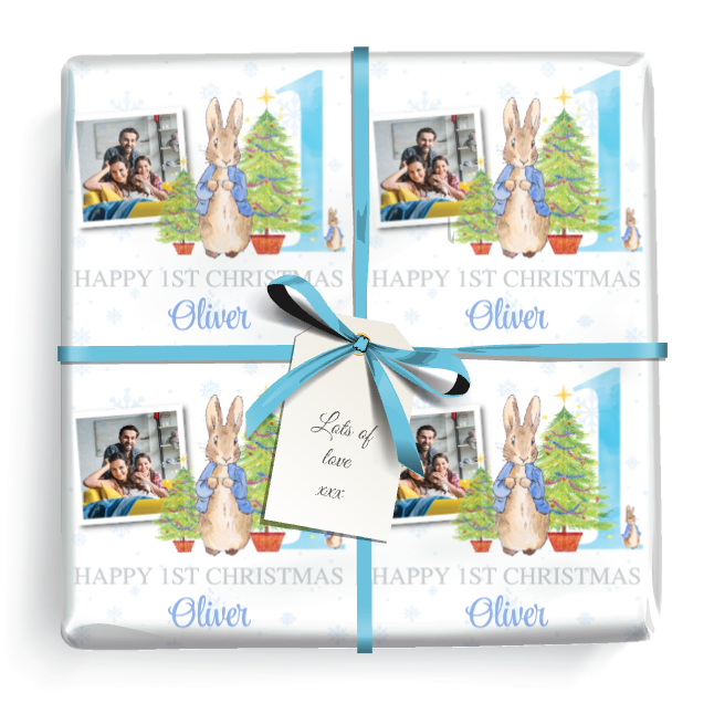 Personalised 1st Christmas Wrapping Paper - Blue Rabbit - Add Name & 1 Photo