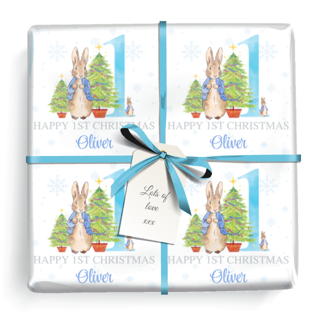 Personalised 1st Christmas Wrapping Paper - Blue Rabbit - Add Name
