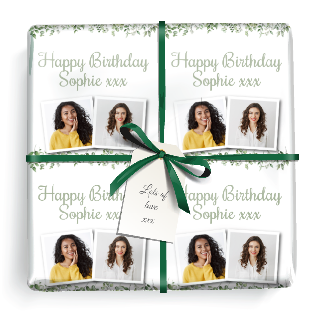 Personalised Birthday Wrapping Paper - Green Leaves -  Add Text & 2 Photo